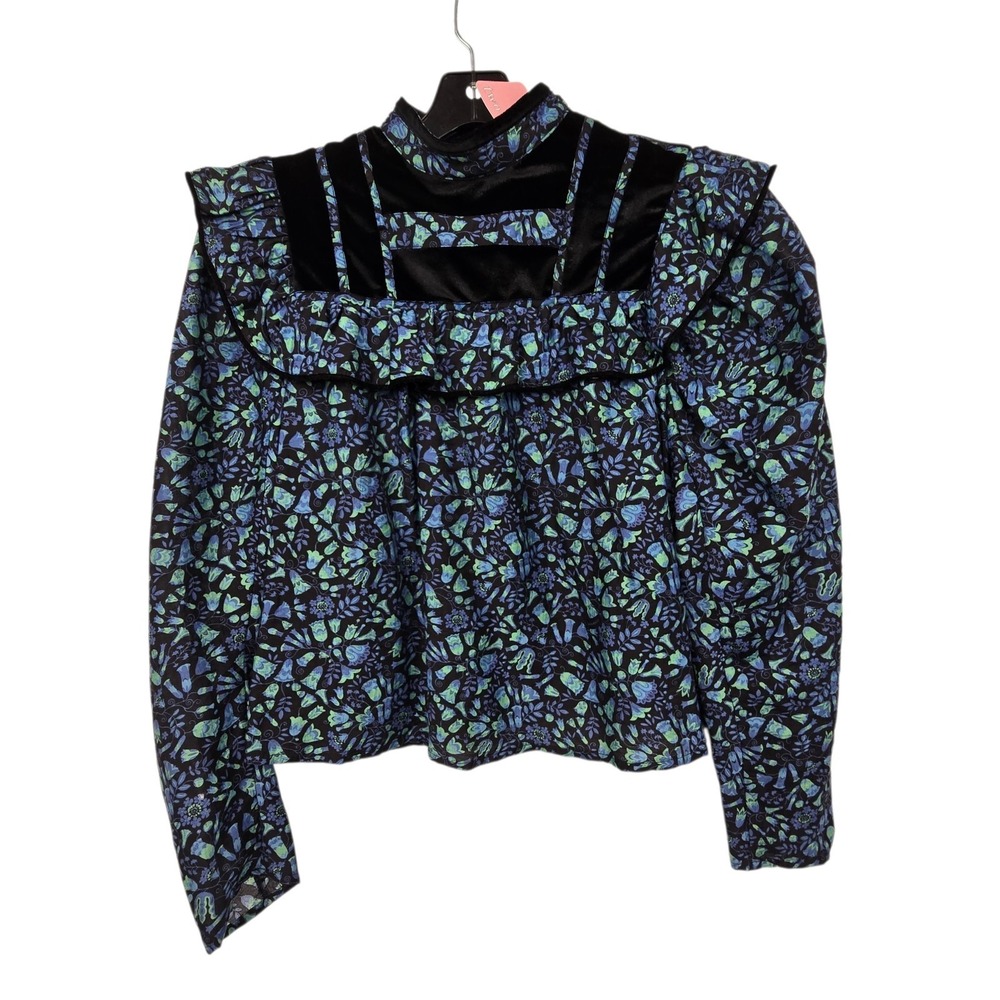 Sabina Musayev NWT Aya Top Wimens XS Turquoise Floral Velvet Trim Steampunk Boho